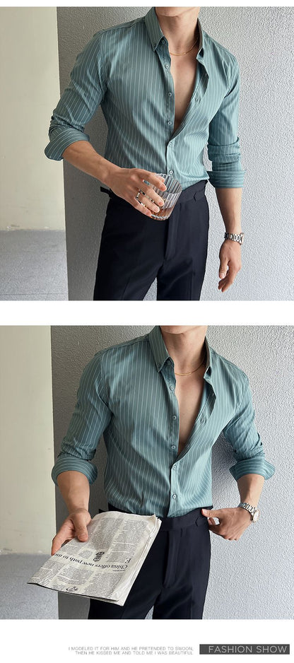 Striped Shirts for Men High-quality 2025 Autumn New Solid Business Casual Long Sleeved Elastic Slim Fit Dress Shirt Men Clothing