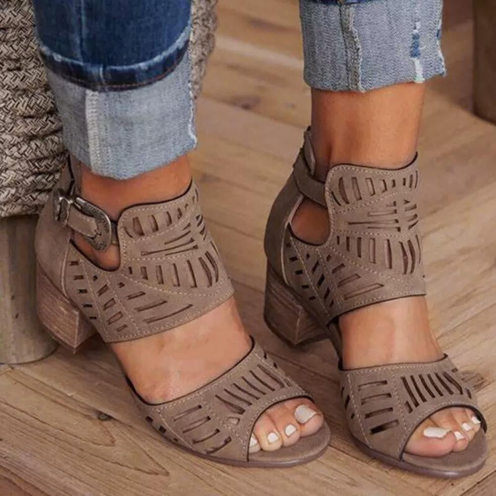 Women's Casual Boho Sandals Low Block Heel Summer Vacation Shoes Ladies Sandals with Buckles Chic Heeled Sandals for Ladies