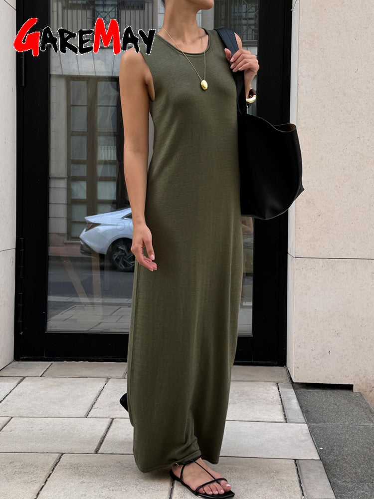 Noodle Women's Summer Knitted Dress Sleeveless Soild Long Elegant Brown Dress  O