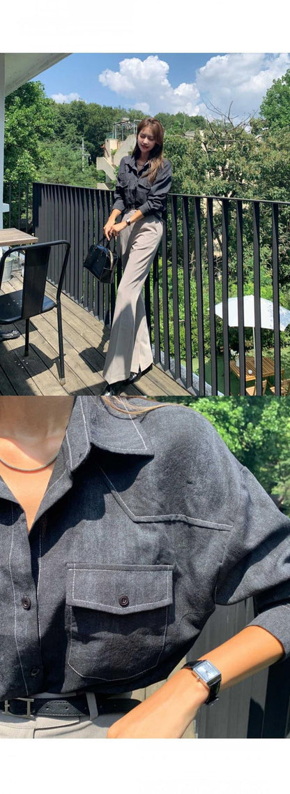 Loose Long Sleeve Casual Denim Shirt Korean Style Loose Fit Shoulder Casual Shirt Pure Color Shirt City Style Commute Shirt