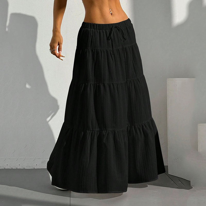 Summer Women White Long Skirt Solid Basic Lace Up Bow Low-Waisted Big Swing Skirts Female Street Casual Loose Spliced Maxi Dress