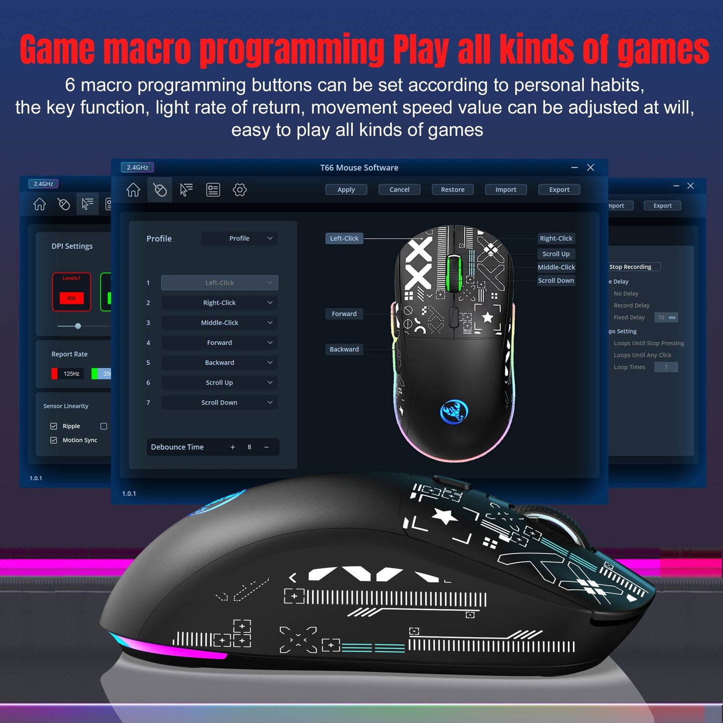 Mouse Bluetooth Sem Fio T90 RGB (BT1/BT2+ USB) 2.4GHz Recarregável Silencioso com Adaptador Tipo C