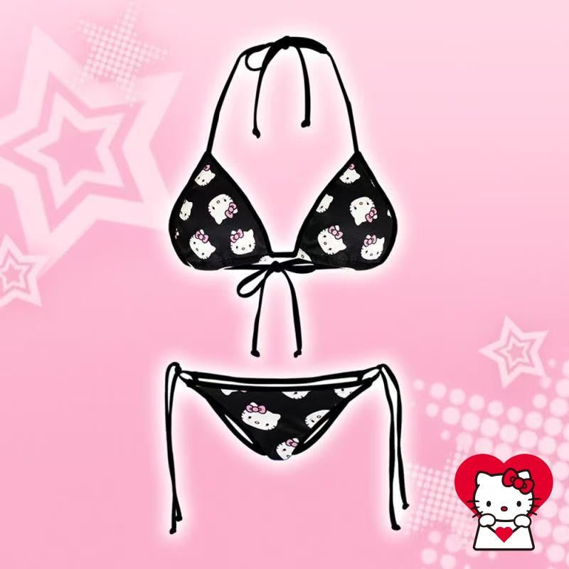 2Pcs Sanrio Cute Swimsuit Hello Kittys Girl Kawaii New Style Bikini Vacation Comfortable Two Piece Set Cartoon High End Gifts