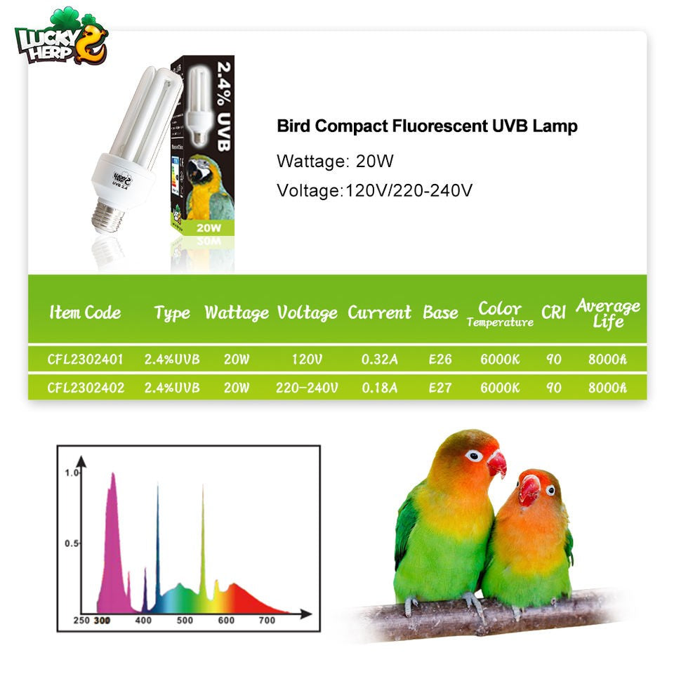 Lâmpada Fluorescente Compacta para Pássaros, 2.4% UVB, 20W, Rosca