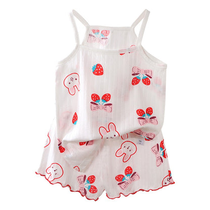 2 Pcs 2025 Summer Girl's Pajamas Sets Loungewear Set Strap Sleepwear Pants Skirt Baby Girl Clothes Sleeveless Children's Clothes