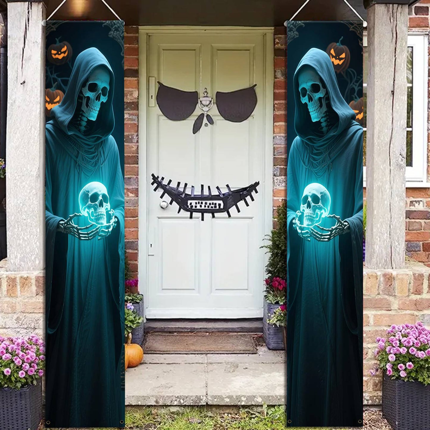 Party Banner,, Halloween Party Decorative Couplets, 2D Hanging Banners with Skeleton Design in Black Robes and Hooded Figures