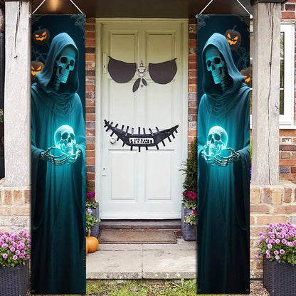 Party Banner,, Halloween Party Decorative Couplets, 2D Hanging Banners with Skeleton Design in Black Robes and Hooded Figures