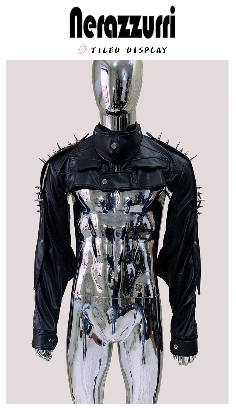 Mauroicardi Cool Black Cropped Pu Leather Jacket Men Rivet Shoulder Pads Zip Up Short Luxury Punk Style Clothes European Fashion