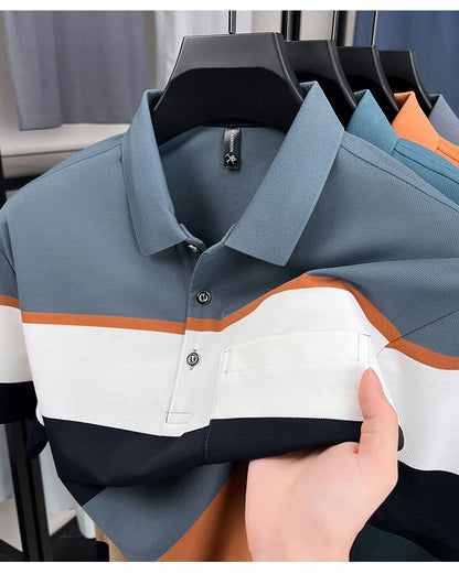 High-quality short sleeve polo shirt men fashion color striped pocket design summer new breathable trendy casual lapel T-shirt