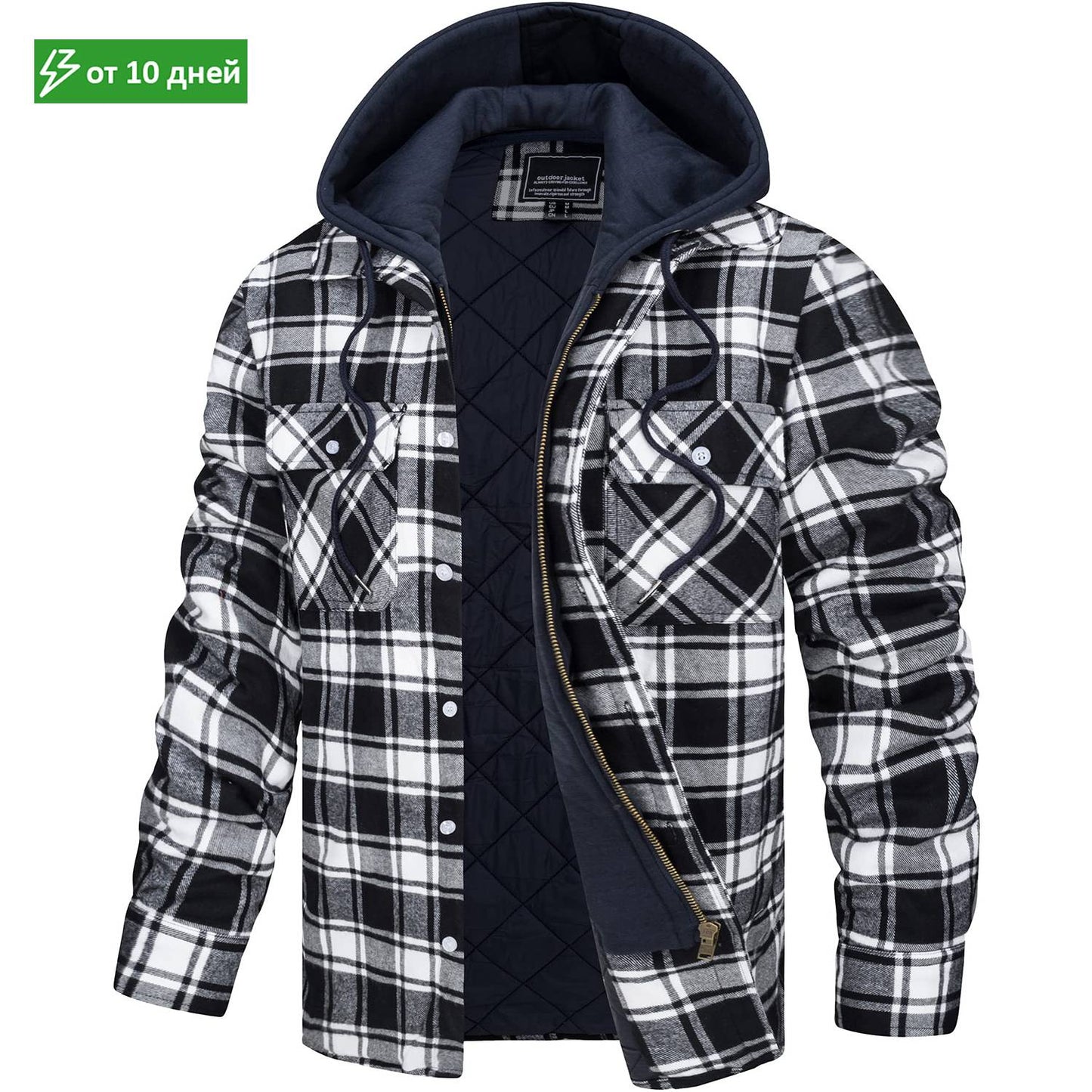 MAGCOMSEN Men's Flannel Jacket with Removable Hood 5 Pockets Plaid Quilted Lined Winter Coats Thick Hoodie Outwear Fleece Jacket