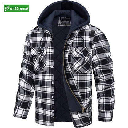 MAGCOMSEN Men's Flannel Jacket with Removable Hood 5 Pockets Plaid Quilted Lined Winter Coats Thick Hoodie Outwear Fleece Jacket