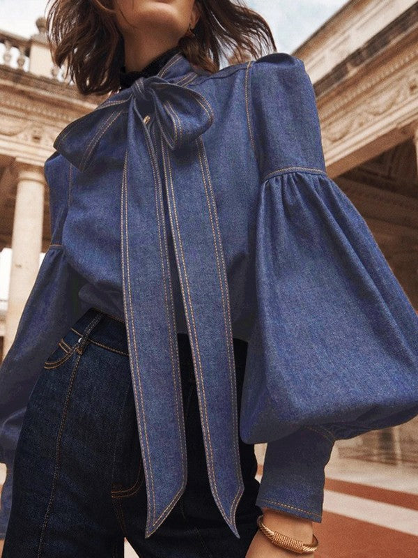 Gymystars New Trendy Imitation Denim Blouse Tops for Women Long Puff Sleeves Bow-Embellished High Neck Women's Autumn Shirts