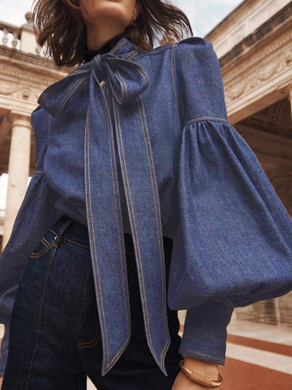 Gymystars New Trendy Imitation Denim Blouse Tops for Women Long Puff Sleeves Bow-Embellished High Neck Women's Autumn Shirts