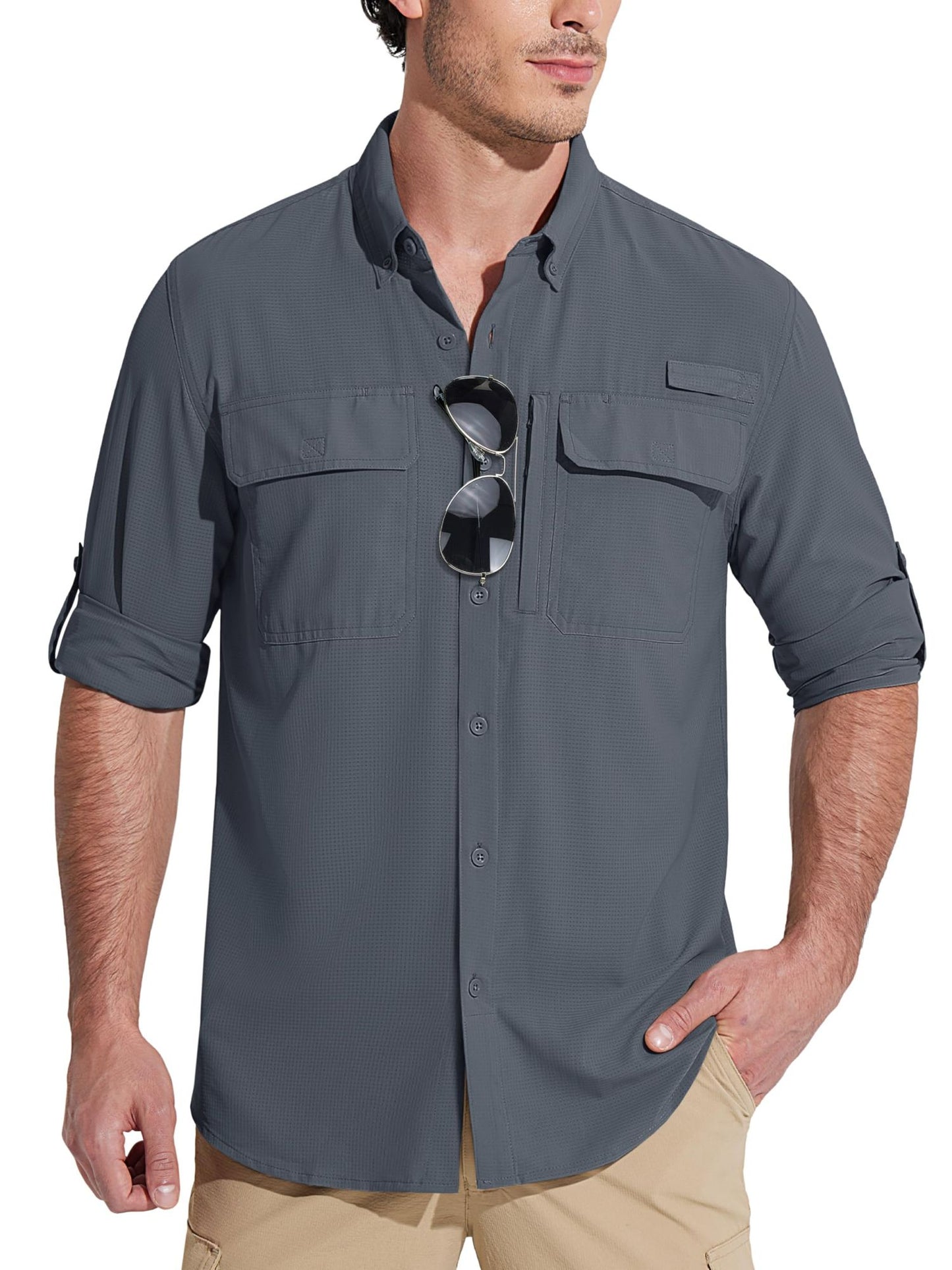 MAGCOMSEN Sun Protection Shirt Quick Dry Long Sleeve Mesh Breathable Shirt Multi Pockets Fishing Shirts Hiking Work Cargo Shirts