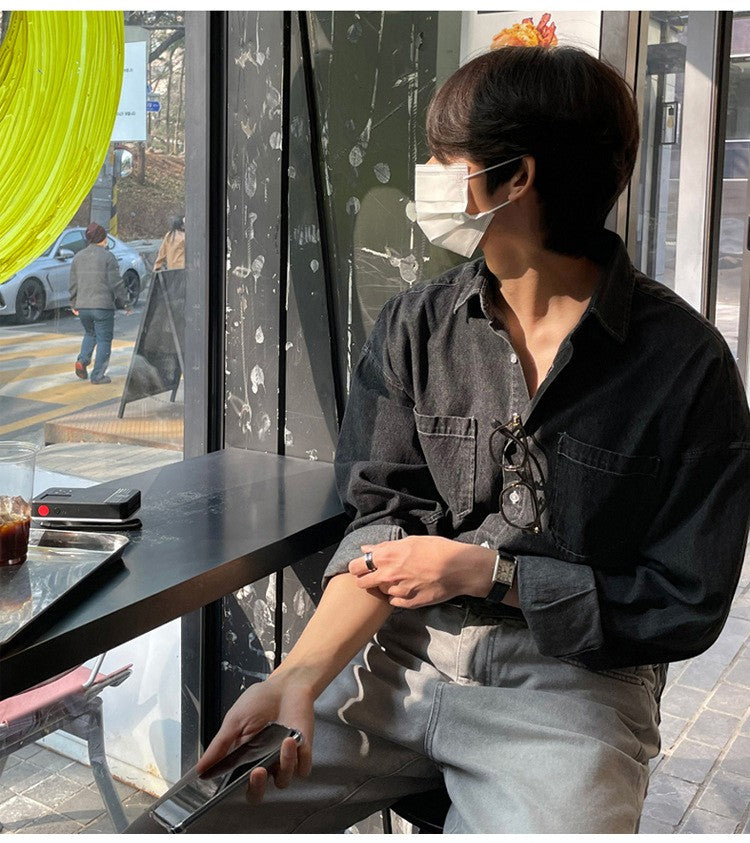 Spring Clothing Men's Denim Long-sleeved Pocket Shirt Casual Korean Turn down Button Streetwear Light Luxury Stylish 2025 New