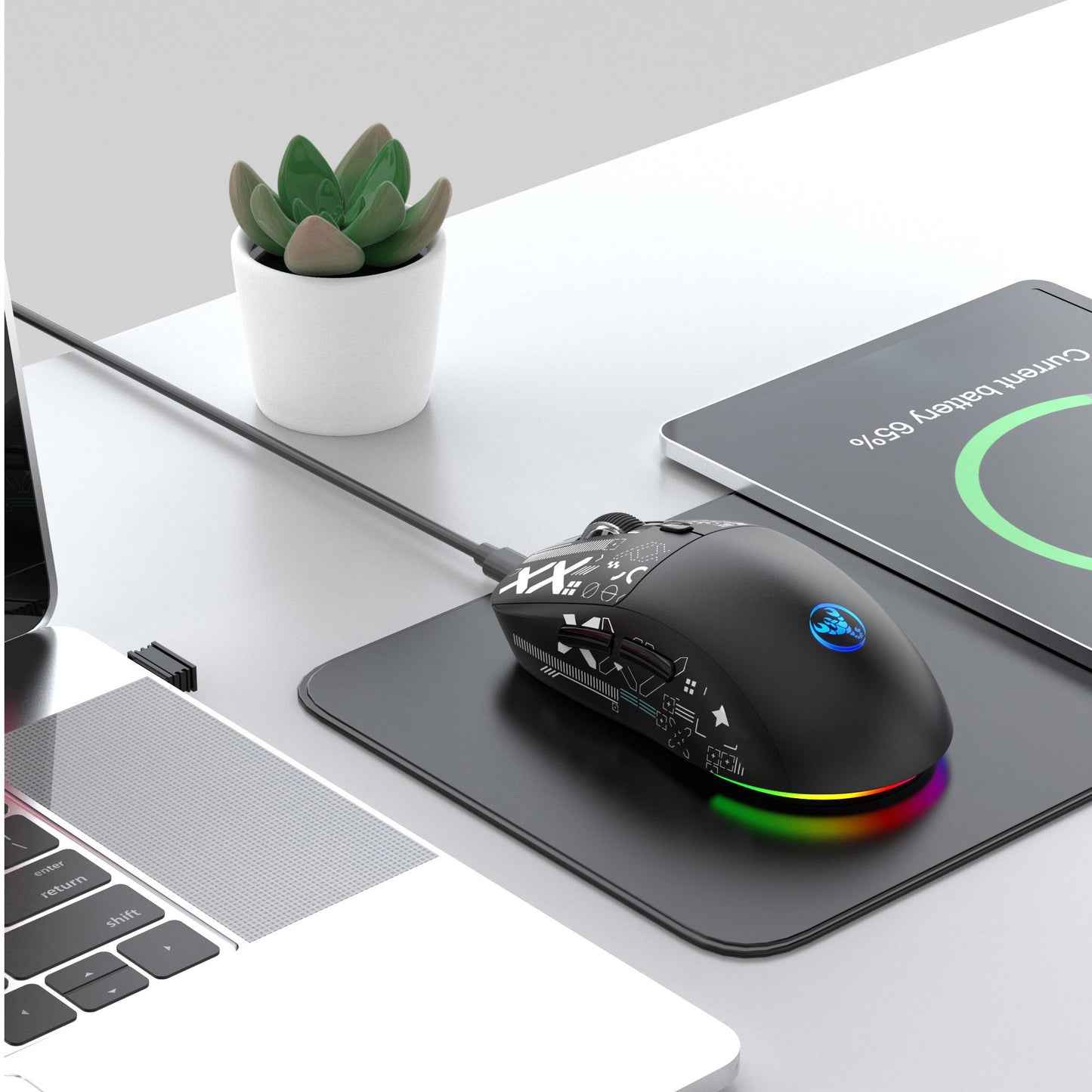 Mouse Bluetooth Sem Fio T90 RGB (BT1/BT2+ USB) 2.4GHz Recarregável Silencioso com Adaptador Tipo C