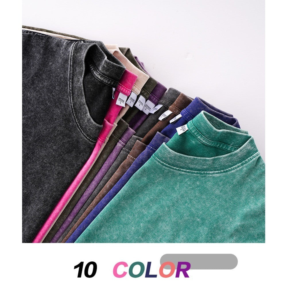 230g retro fried snowflake washed T-shirt Europe and the United States cross-border cotton t loose bottoming round neck pullover