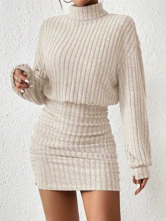 The new autumn style of the tight-fitting long-sleeved high-neck striped knitted sexy dress