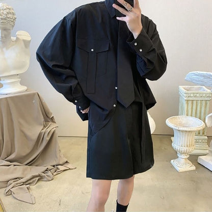 Gmiixder Cargo Long-sleeve Shirt with Tie Men's Oversize Kpop Shirt Korean Streetwear Versatile Motorcycle Pocket Streamers Coat