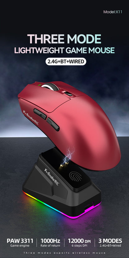 X11 PAW3311 Mouse Sem Fio Tri-Modo Mouse Bluetooth Mouse Gamer 12000 DPI RGB Base de Carregamento Magnético por Toque BT/2.4G/Com Fio