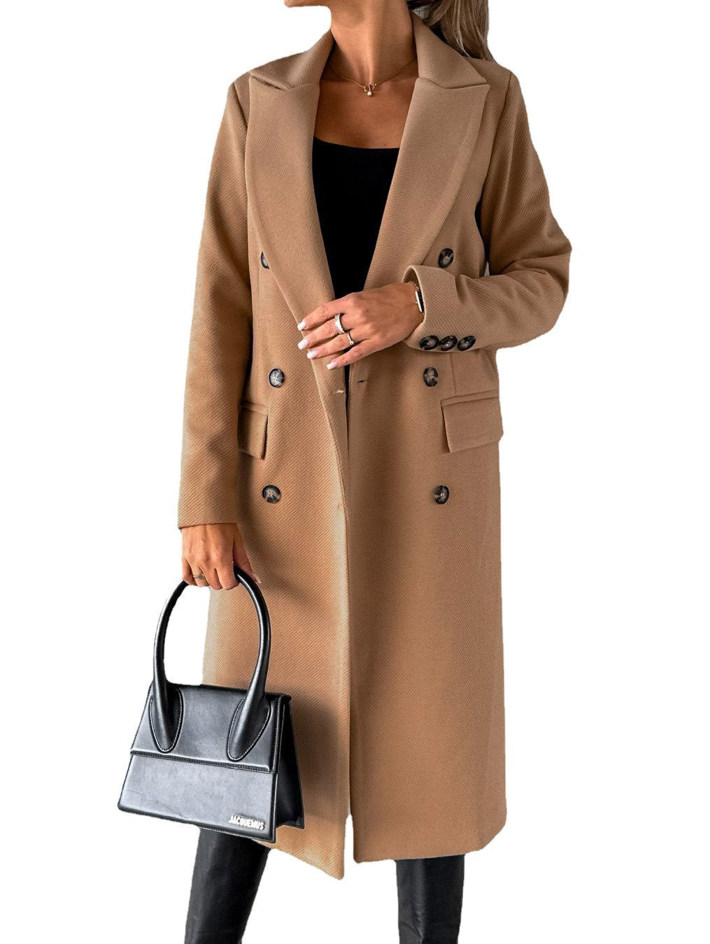 Autumn and Winter Women's Clothing Long-sleeved Lapel Solid Color Double-breasted Slim-fit Coat
