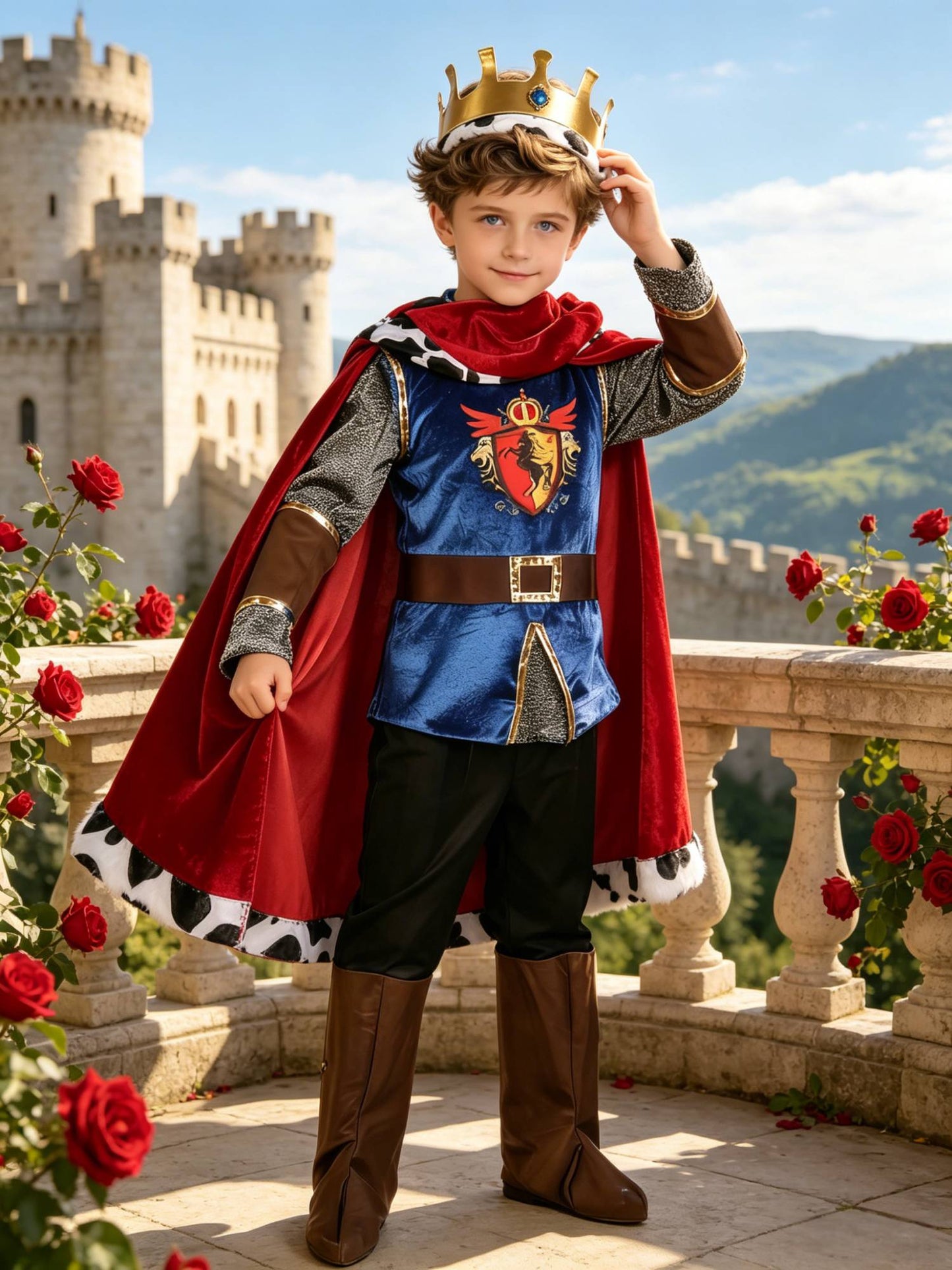 Full vintage royal costume set with crown and cloak, classic medieval style, wonderful for Halloween dressing up, role play and