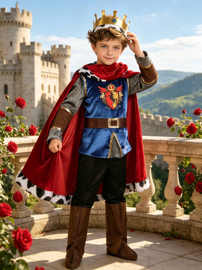 Full vintage royal costume set with crown and cloak, classic medieval style, wonderful for Halloween dressing up, role play and