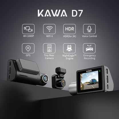 Câmera de painel KAWA D7 4K dianteira e traseira, gravador de vídeo 4K WiFi6, câmera automotiva, mini câmera traseira DVR para veículos, Dashcam com controle por APP/Voz