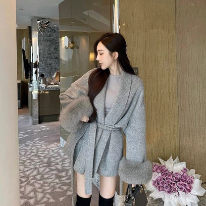 2025 Retro Elegant Lace Up Woolen Casual Overcoat Women Harajuku Loose Warm Plush Long-sleeved Autumn Fashion New Street Jacket