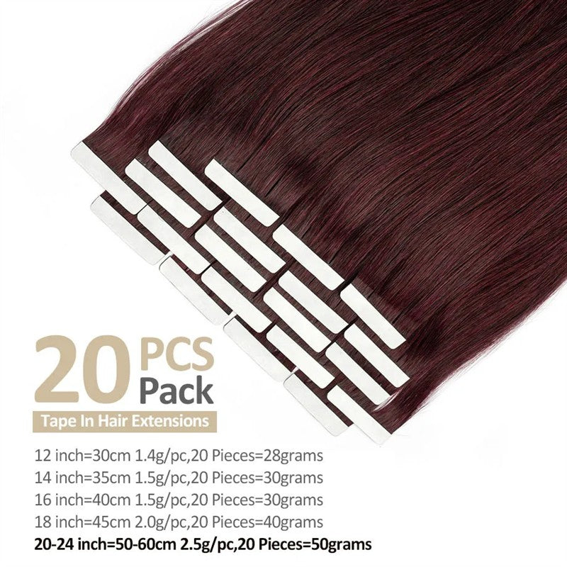 Extensões de Cabelo Borgonha com Fita Adesiva, Cabelo Humano Real, Extensões Vermelhas #99j Preto para Prata Liso para Mulheres