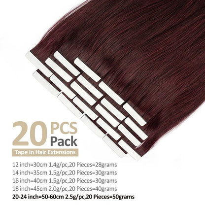 Extensões de Cabelo Borgonha com Fita Adesiva, Cabelo Humano Real, Extensões Vermelhas #99j Preto para Prata Liso para Mulheres