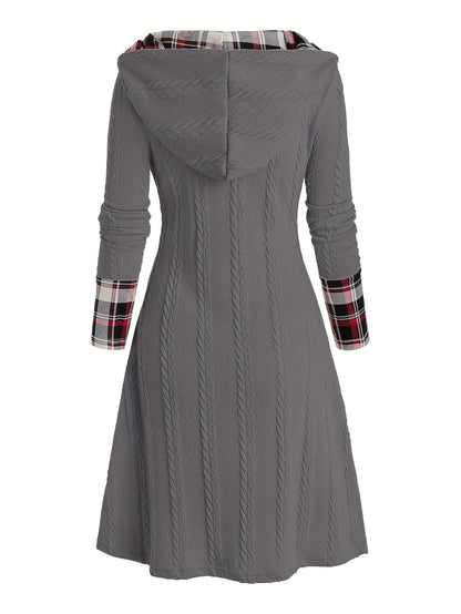 Knitted hooded dress plaid print stitching fake buckle high waist long sleeve A-line dress female