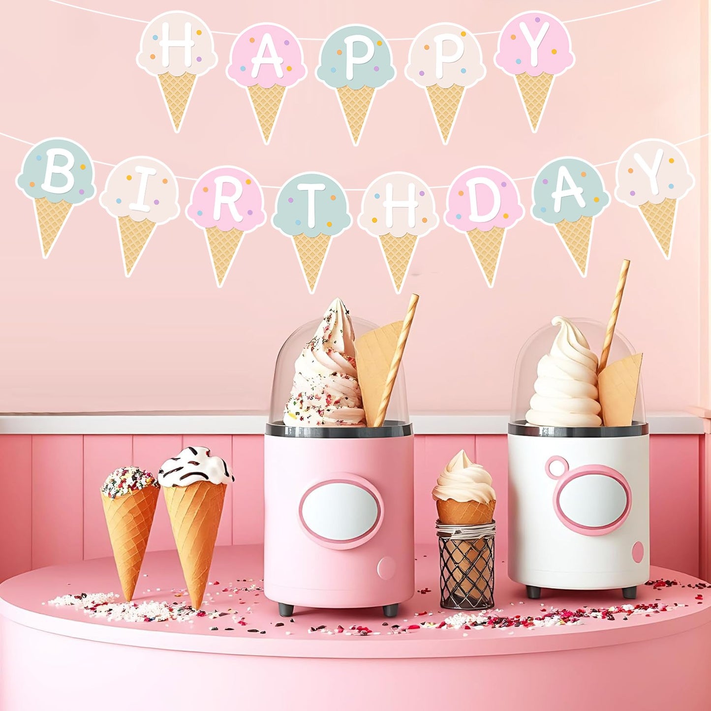 Colorful Paper Banners Ice Cream Shape Pull Flag Party Bunting Milk Tea Summer Theme Garland Decorative
