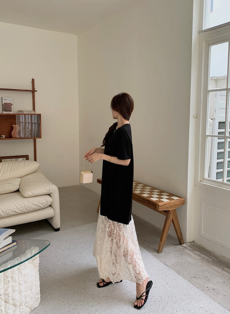 NYFS plus Size Women's Lave Patchwork Dress Summer 2025 Loose Long Dresses Robe Elbise Short Sleeve Korean Style Floral Hem