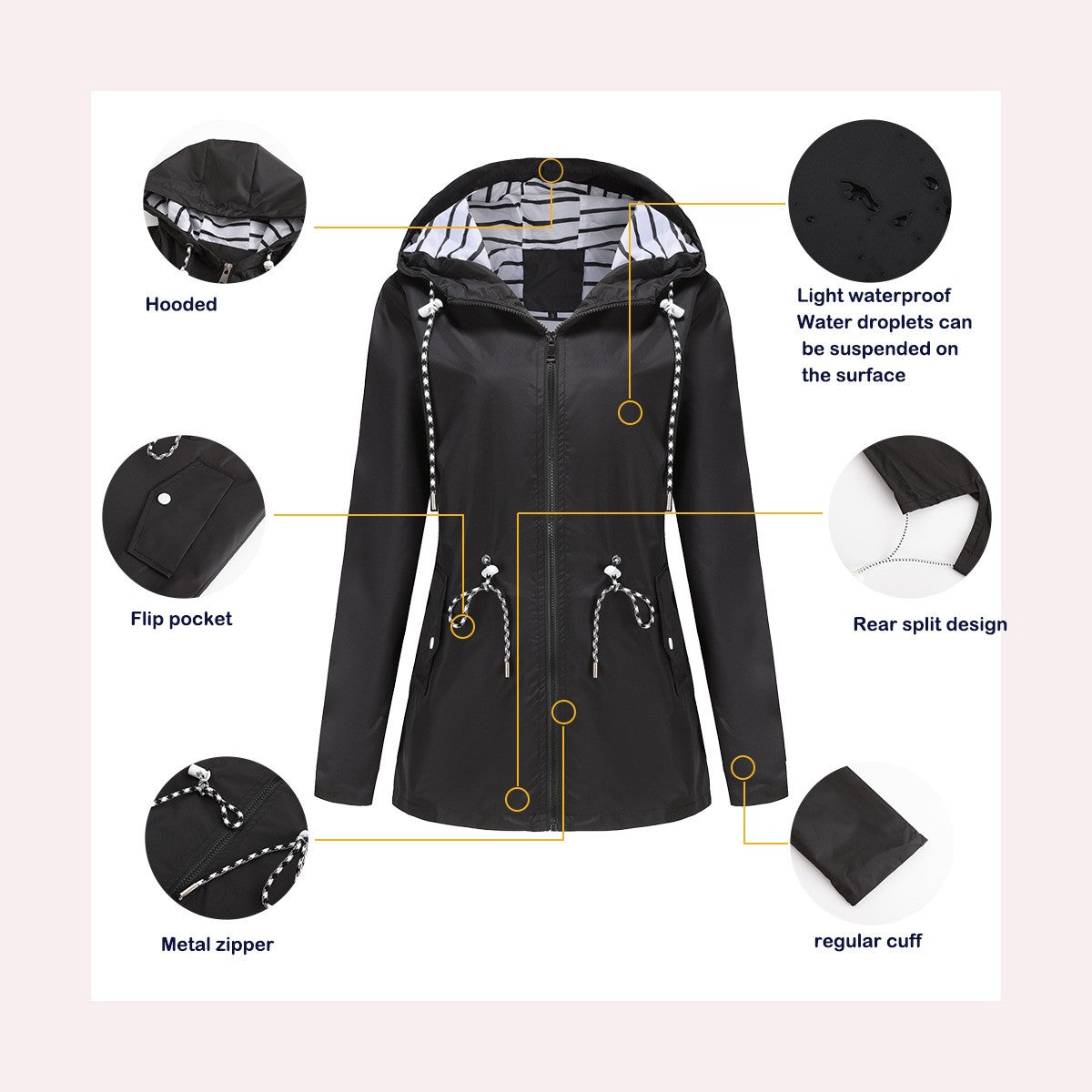 Blue Waterproof Hooded Jacket Women Fashion Casual Coat Waist Drawstring Tie Zipper Switch Red Green Yellow Black Windbreaker