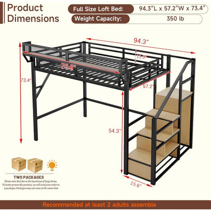 Size Loft Bed with Stairs and Storage, Metal Loft Bed Frame with Bedside Shelf and Large Under-Bed Space, Heavy-Duty Bed