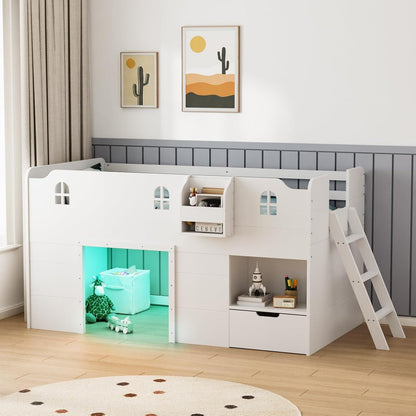 Cama Loft JOYMOR de Solteiro com Luz Led, Cama Baixa com Gaveta de Armazenamento, Design Moderno de Casa de Fazenda com Grade de Castelo Branca