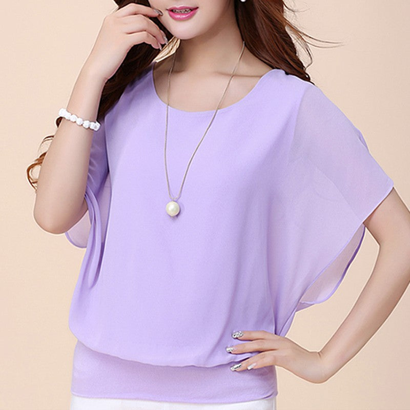 New Summer Women Blouse Female Short Batwing Sleeve Oversized Loose O-Neck Chiffon Shirt Plus Size Office Lady Elegant Tops Tees