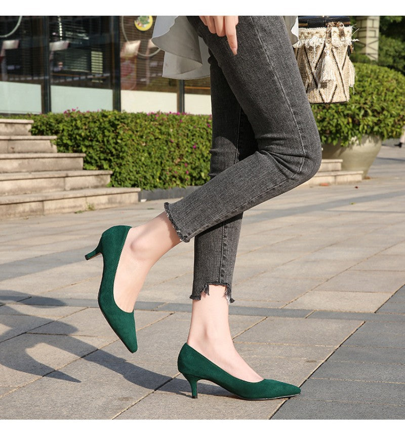 European American Fashionable Pointed High Heels Women With Rhinestone Bows Shallow Mouth Mid-Heeled Single Shoes Silk Satin