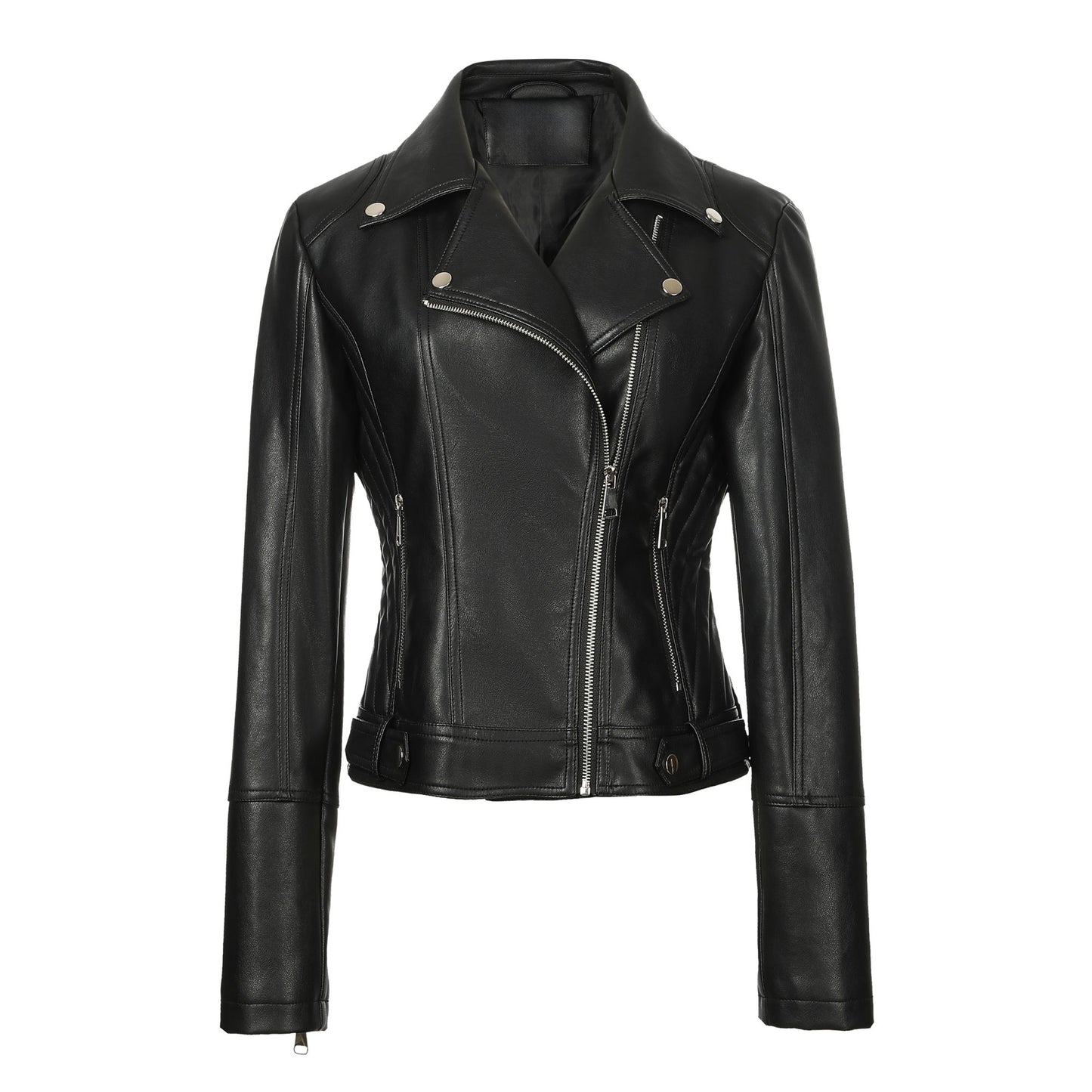 ? Biker Style Pu Leather Jacket for Women - Vegan Faux Motorcycle Jacket with Zipper & Buttons (Black/White/Red/Green)