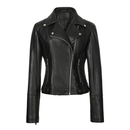 ? Biker Style Pu Leather Jacket for Women - Vegan Faux Motorcycle Jacket with Zipper & Buttons (Black/White/Red/Green)