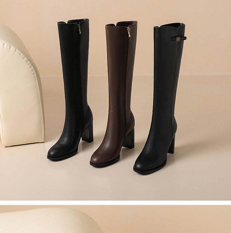 Ods Soft Cow Leather Black Knee High Boots Chunky Mid Heels Zipper Women's Long Boot Big Size Luxury Designer Sexy Shoes 4143 46