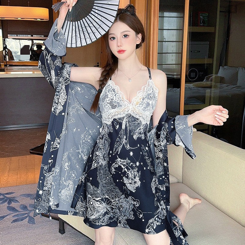 Sexy Nightwear for Women: Premium Ice Silk Strapless Camisole Nightgown Set Pure Desire Nightdress Homewear