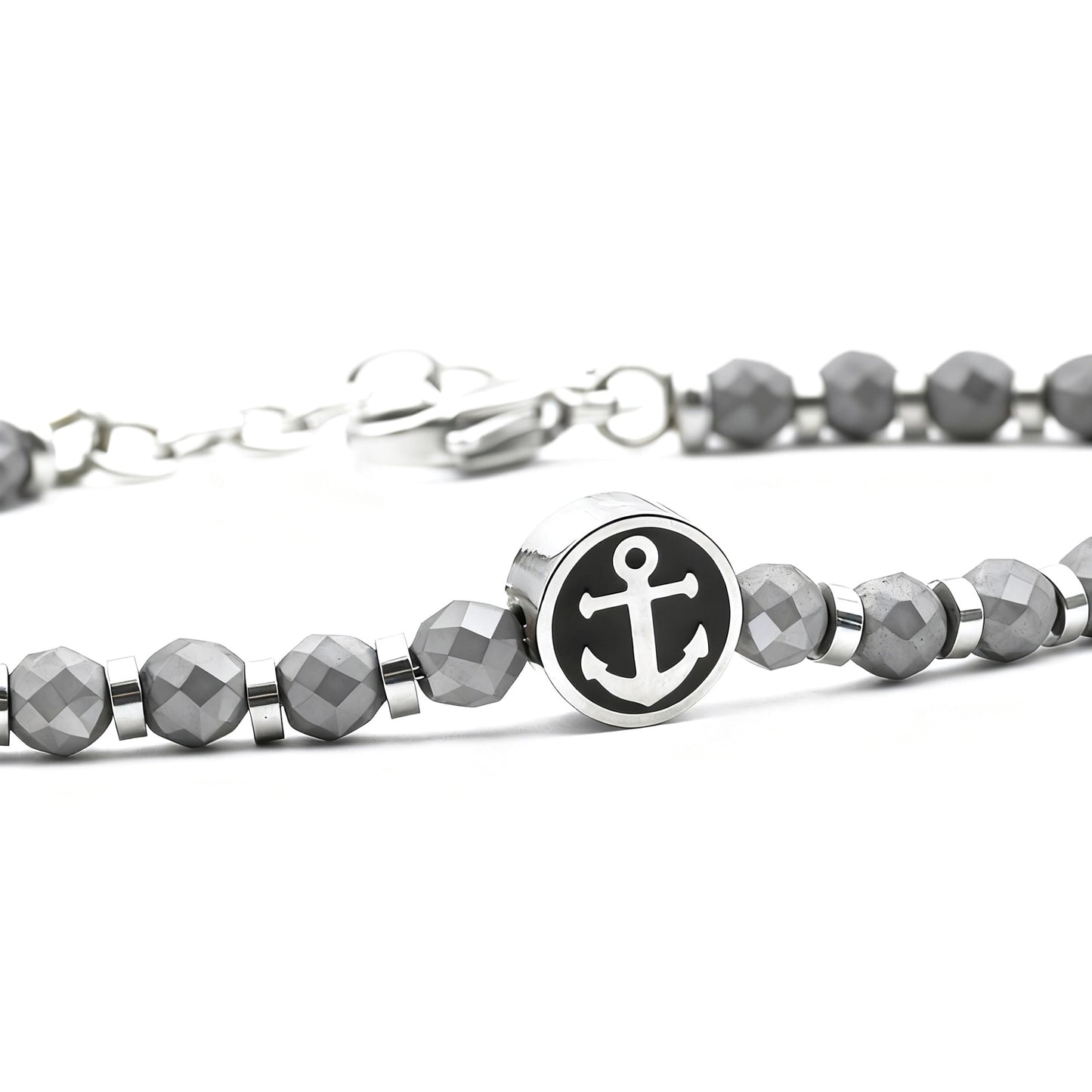 Pulseira Masculina Runda com Pingente Âncora em Hematita Preta Aço Inoxidável Ajustável 22cm Joia de Miçangas com Amuleto da Moda
