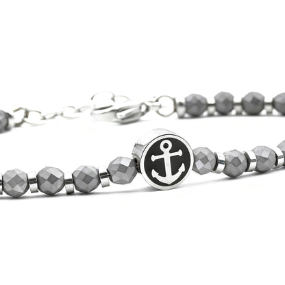 Pulseira Masculina Runda com Pingente Âncora em Hematita Preta Aço Inoxidável Ajustável 22cm Joia de Miçangas com Amuleto da Moda