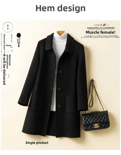 High-End Korean Style Double-Faced Cashmere Woolen Coat for Women Mid-Length Thickened Polyester Fiber Winter Outerwear