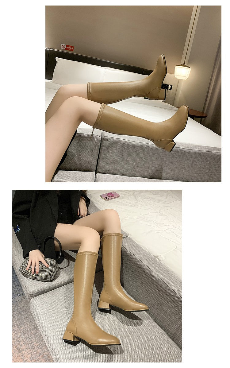 Women Black High Heel Long Boots Fashion Spring Autumn Warm Knee High Boots Soft Leather Thigh High Boots Shoes Zipper
