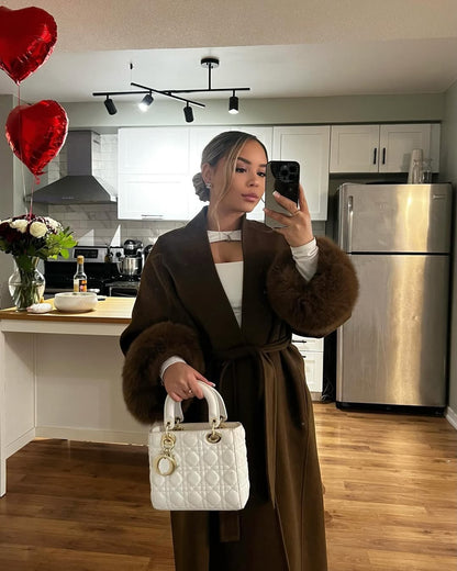 Elegant Faux Fur Cuffs Woolen Coat With Belt For Women Fashion Lapel Long Sleeve Lace Up Maxi Jacket Lady 2025 Autumn Outerwear