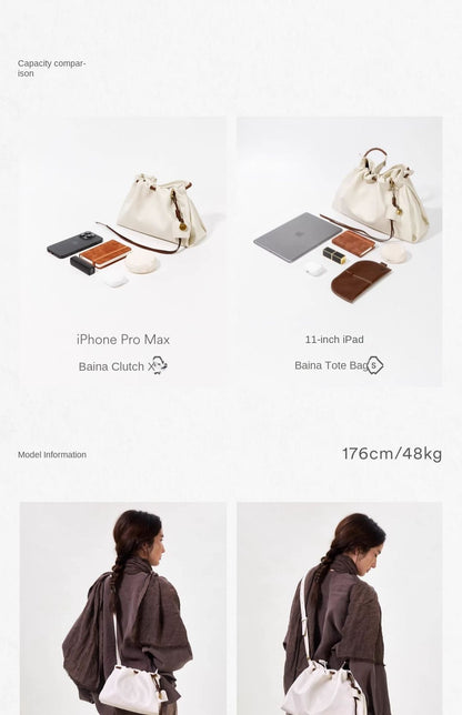 Songmont Genuine Leather Mini Bucket Bag Adjustable Drawstring Multi Straps White Black Blue Casual Chic Crossbody Bag Oversized