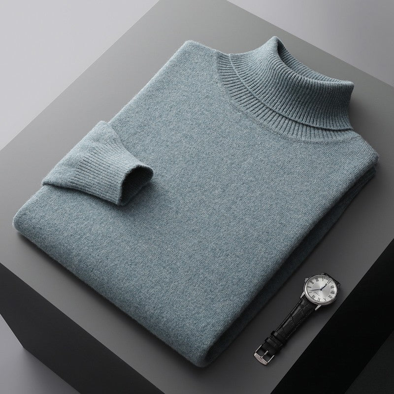 100%Merino Wool Lapel Sweater Men's Turtleneck Loose Knit Pullovers Youth Business Casual Joker Tops Warm Solid Color Base Shirt
